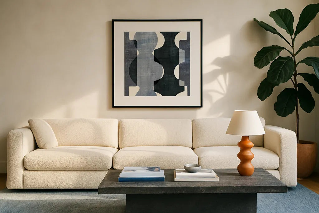 Geometric Deco I BW by Wild Apple Portfolio. Displayed in a glass frame with matte in a clean modern living room. Available as an archival giclee rolled canvas, fine art paper, or poster print. SKU 32047a.