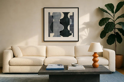 Geometric Deco I BW by Wild Apple Portfolio. Displayed in a glass frame with matte in a clean modern living room. Available as an archival giclee rolled canvas, fine art paper, or poster print. SKU 32047a.