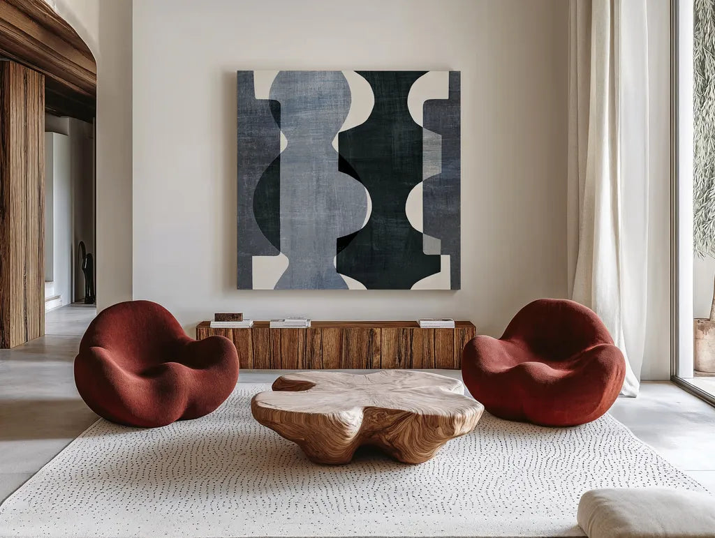 Geometric Deco I BW by Wild Apple Portfolio. Shown as extra-large giant wall art in a modern living room. Available as an archival giclee rolled canvas, fine art paper, or poster print. SKU 32047a.