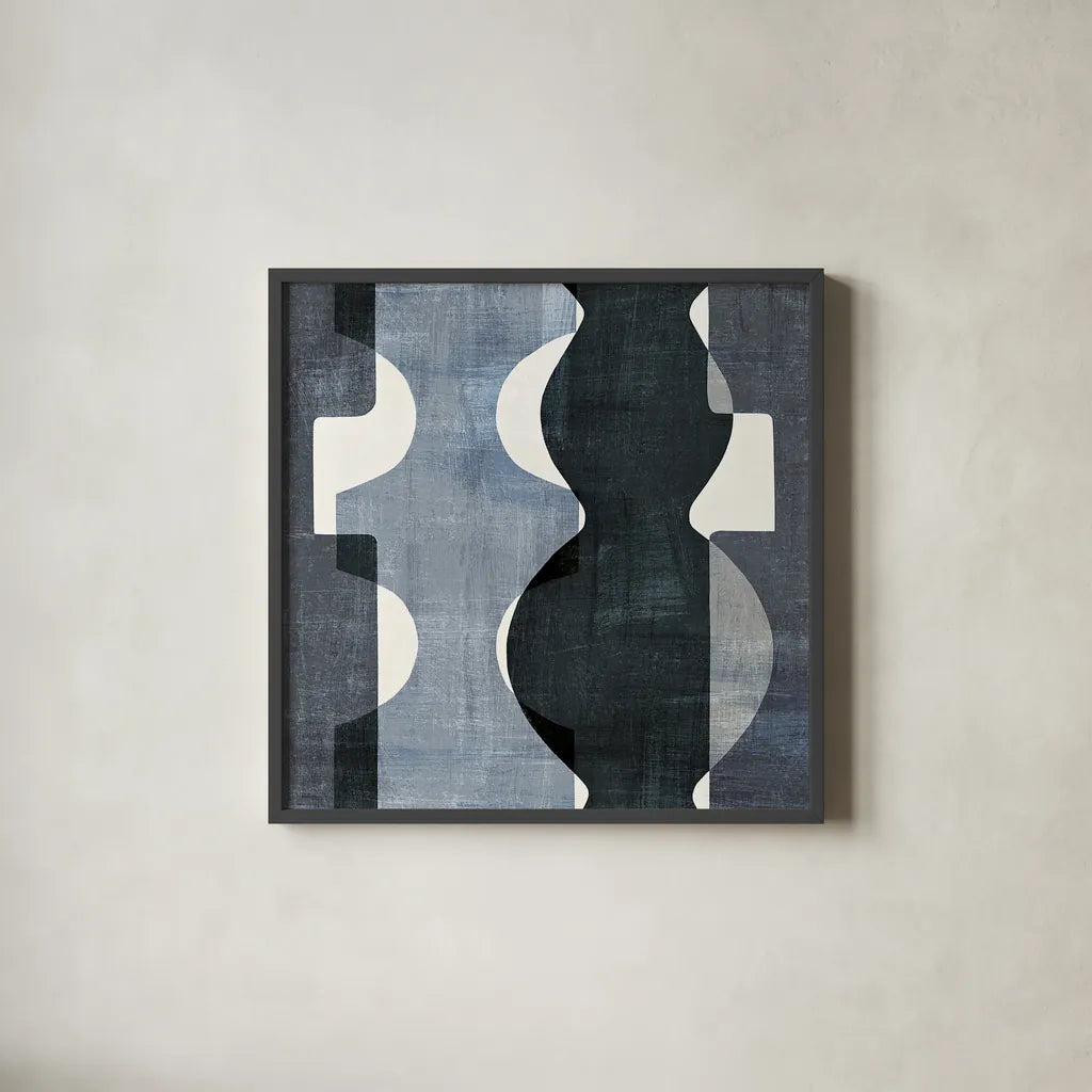 Geometric Deco II BW by Wild Apple Portfolio. Shown in a sleek black glass frame for a contemporary gallery look. Available as an archival giclee rolled canvas, fine art paper, or poster print. SKU 32048a.