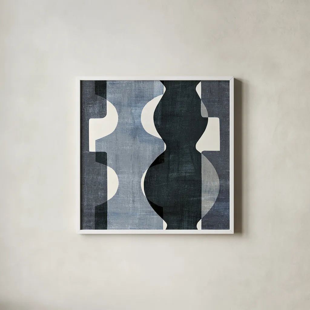 Geometric Deco II BW by Wild Apple Portfolio. Shown in a crisp white glass frame for a clean and minimalist style. Available as an archival giclee rolled canvas, fine art paper, or poster print. SKU 32048a.
