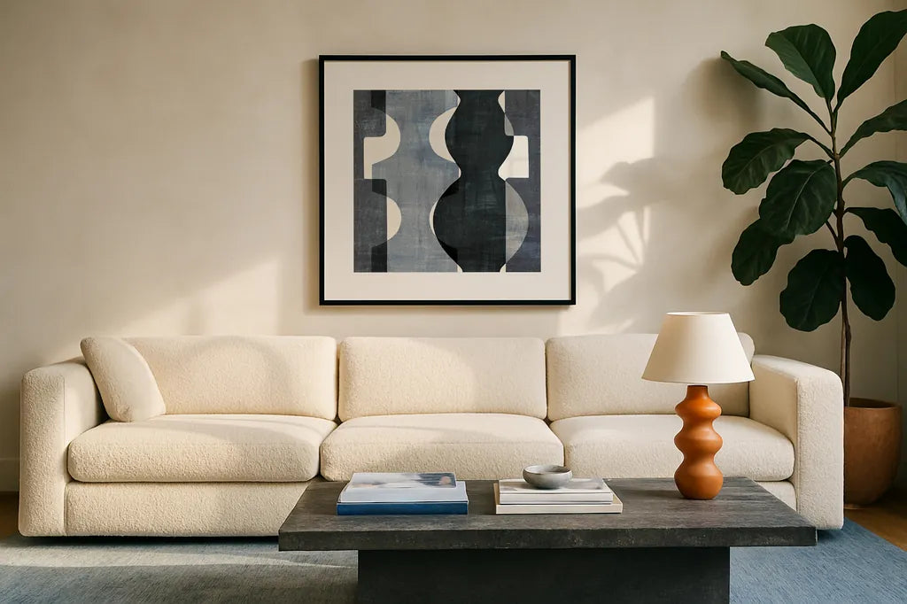 Geometric Deco II BW by Wild Apple Portfolio. Displayed in a glass frame with matte in a clean modern living room. Available as an archival giclee rolled canvas, fine art paper, or poster print. SKU 32048a.