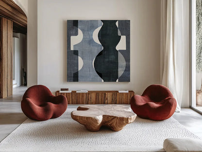 Geometric Deco II BW by Wild Apple Portfolio. Shown as extra-large giant wall art in a modern living room. Available as an archival giclee rolled canvas, fine art paper, or poster print. SKU 32048a.