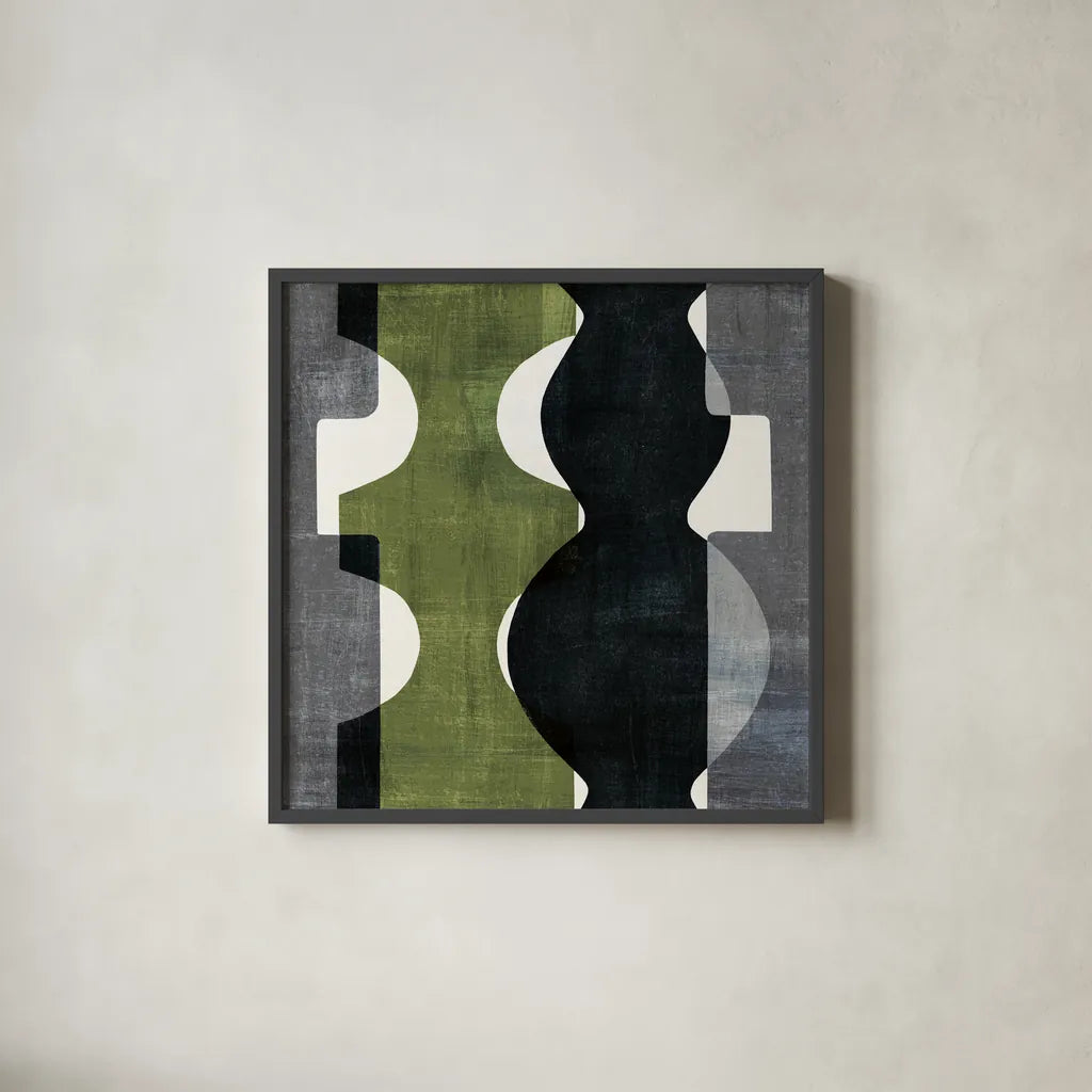 Geometric Deco II with Green by Wild Apple Portfolio. Shown in a sleek black glass frame for a contemporary gallery look. Available as an archival giclee rolled canvas, fine art paper, or poster print. SKU 56963a.