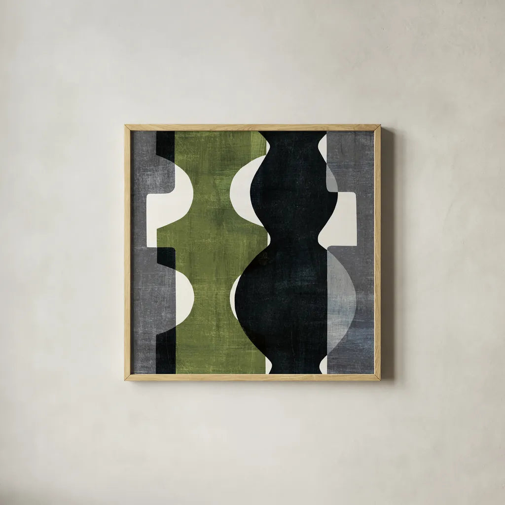 Geometric Deco II with Green by Wild Apple Portfolio. Shown in a natural wood glass frame for a timeless modern aesthetic. Available as an archival giclee rolled canvas, fine art paper, or poster print. SKU 56963a.