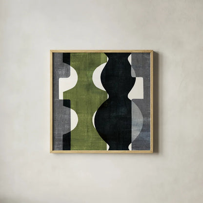 Geometric Deco II with Green by Wild Apple Portfolio. Shown in a natural wood glass frame for a timeless modern aesthetic. Available as an archival giclee rolled canvas, fine art paper, or poster print. SKU 56963a.