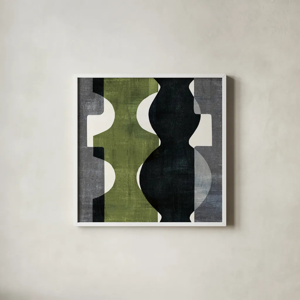 Geometric Deco II with Green by Wild Apple Portfolio. Shown in a crisp white glass frame for a clean and minimalist style. Available as an archival giclee rolled canvas, fine art paper, or poster print. SKU 56963a.