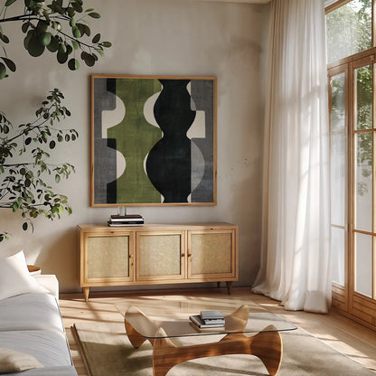 Geometric Deco II with Green by Wild Apple Portfolio. Shown in a natural wood frame in a cozy modern living room. Available as an archival giclee rolled canvas, fine art paper, or poster print. SKU 56963a.