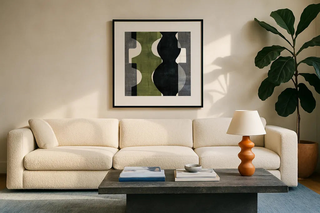 Geometric Deco II with Green by Wild Apple Portfolio. Displayed in a glass frame with matte in a clean modern living room. Available as an archival giclee rolled canvas, fine art paper, or poster print. SKU 56963a.
