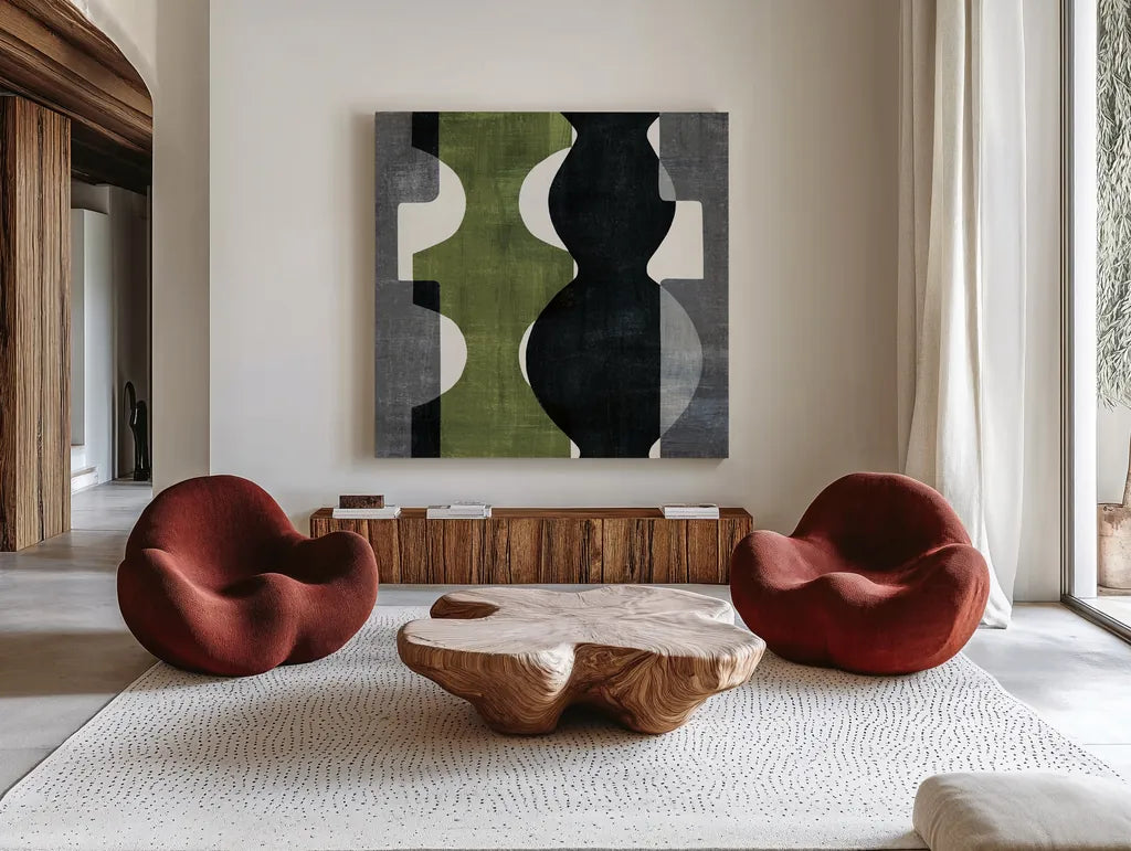Geometric Deco II with Green by Wild Apple Portfolio. Shown as extra-large giant wall art in a modern living room. Available as an archival giclee rolled canvas, fine art paper, or poster print. SKU 56963a.