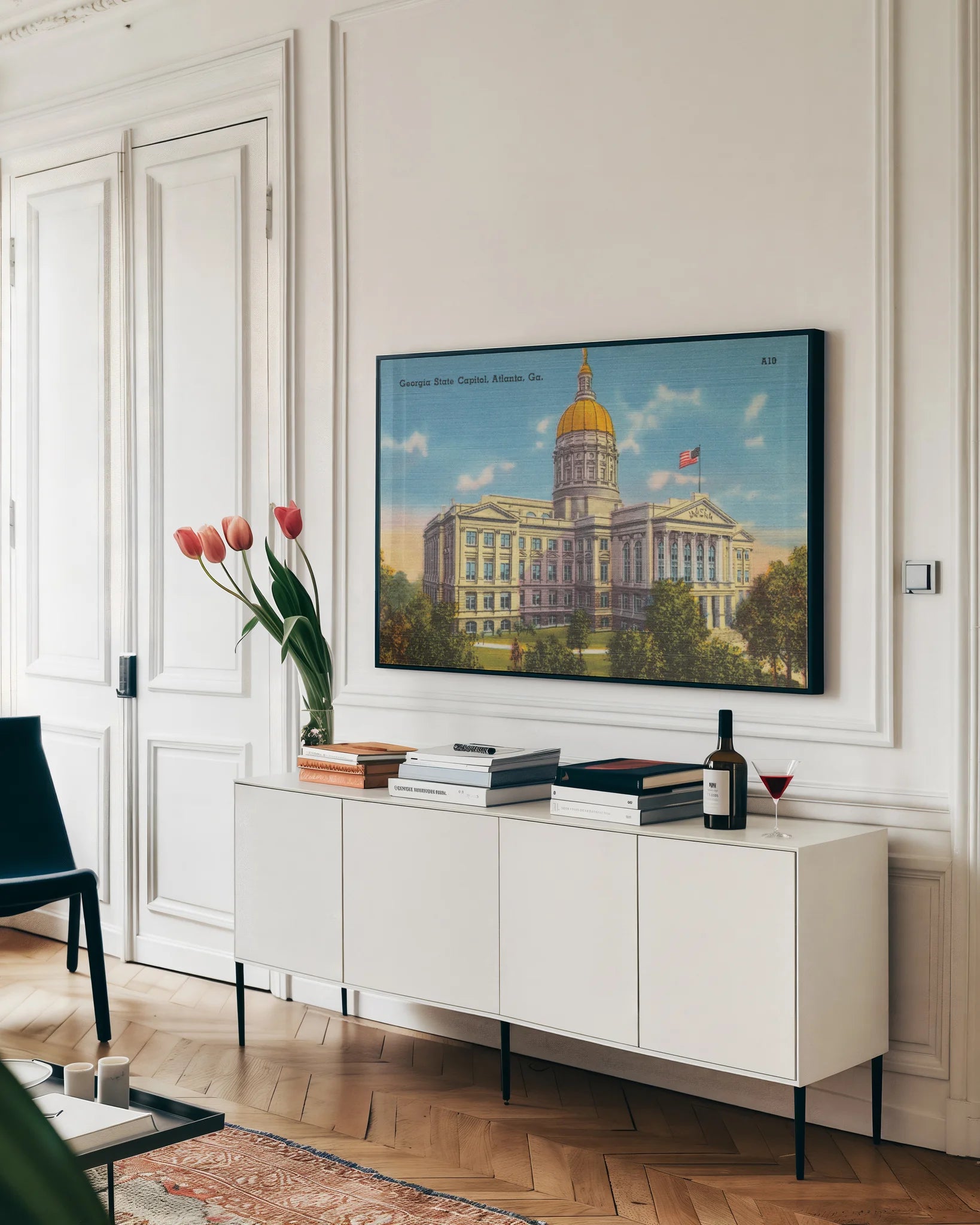 Georgia State Capitol Atlanta by Wild Apple Portfolio. shown as a framed stretched canvas in a living room above a console. Available as a archival giclee rolled canvas, fine art paper, or poster print. SKU 101642i.