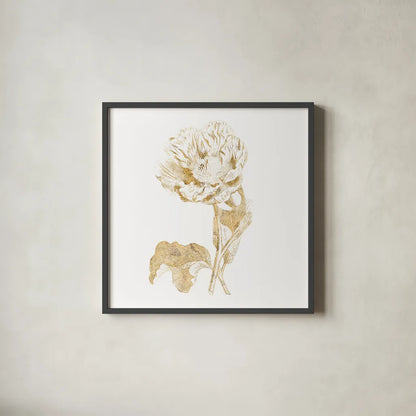 Gilded Botanical VII Sq by Wild Apple Portfolio. Shown in a sleek black glass frame for a contemporary gallery look. Available as an archival giclee rolled canvas, fine art paper, or poster print. SKU 33667a.