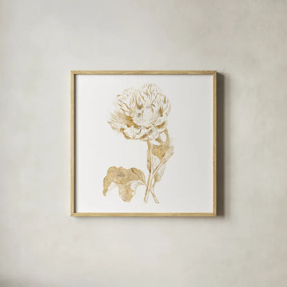 Gilded Botanical VII Sq by Wild Apple Portfolio. Shown in a natural wood glass frame for a timeless modern aesthetic. Available as an archival giclee rolled canvas, fine art paper, or poster print. SKU 33667a.