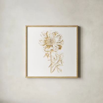 Gilded Botanical VIII Sq by Wild Apple Portfolio. Shown in a natural wood glass frame for a timeless modern aesthetic. Available as an archival giclee rolled canvas, fine art paper, or poster print. SKU 33668a.