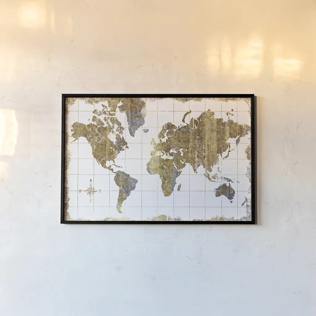 Gilded Map by Wild Apple Portfolio. shown as a paper print in a black flame. Available as a archival giclee rolled canvas, fine art paper, or poster print. SKU 17018i.