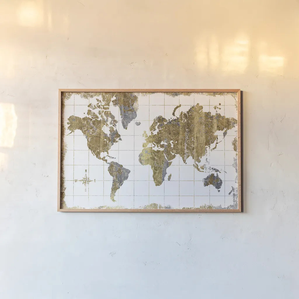 Gilded Map by Wild Apple Portfolio. shown as a paper print in a natural frame. Available as a archival giclee rolled canvas, fine art paper, or poster print. SKU 17018i.