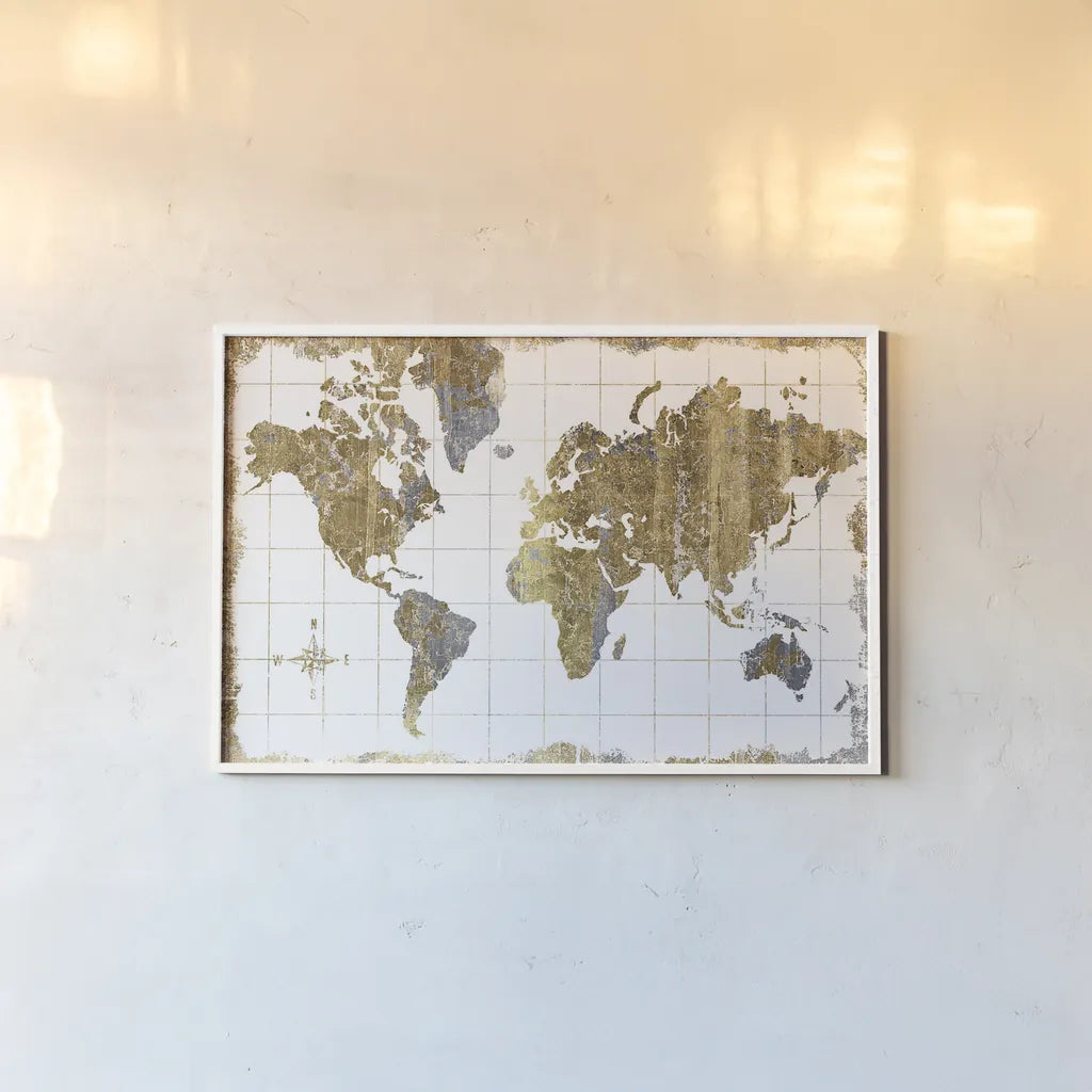 Gilded Map by Wild Apple Portfolio. shown as a paper print in a white frame. Available as a archival giclee rolled canvas, fine art paper, or poster print. SKU 17018i.