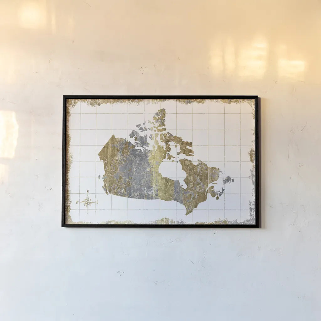 Gilded Map Canada by Wild Apple Portfolio. shown as a paper print in a black flame. Available as a archival giclee rolled canvas, fine art paper, or poster print. SKU 41345i.