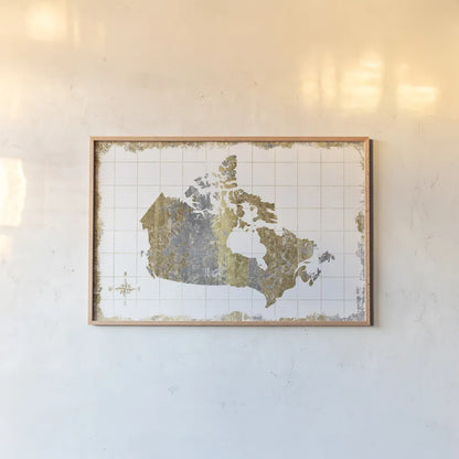 Gilded Map Canada by Wild Apple Portfolio. shown as a paper print in a natural frame. Available as a archival giclee rolled canvas, fine art paper, or poster print. SKU 41345i.