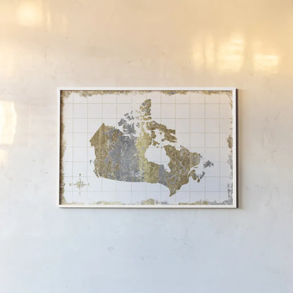 Gilded Map Canada by Wild Apple Portfolio. shown as a paper print in a white frame. Available as a archival giclee rolled canvas, fine art paper, or poster print. SKU 41345i.