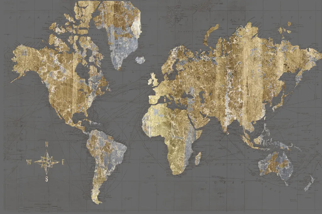 Gilded Map Gray - No Border by Wild Apple Portfolio. SKU 48399i. Archival Giclee Fine art print for wall decor.