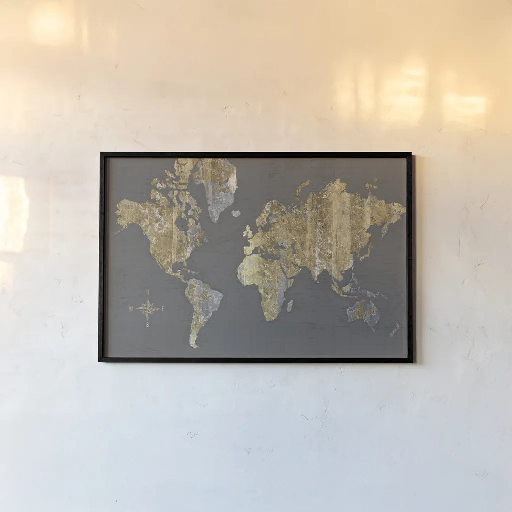 Gilded Map Gray - No Border by Wild Apple Portfolio. shown as a paper print in a black flame. Available as a archival giclee rolled canvas, fine art paper, or poster print. SKU 48399i.