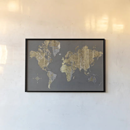 Gilded Map Gray - No Border by Wild Apple Portfolio. shown as a paper print in a black flame. Available as a archival giclee rolled canvas, fine art paper, or poster print. SKU 48399i.