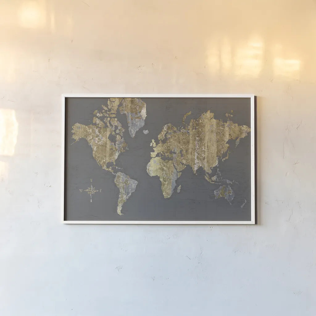 Gilded Map Gray - No Border by Wild Apple Portfolio. shown as a paper print in a white frame. Available as a archival giclee rolled canvas, fine art paper, or poster print. SKU 48399i.