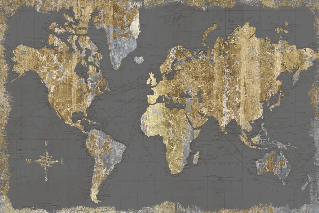 Gilded Map Gray by Wild Apple Portfolio. SKU 47183i. Archival Giclee Fine art print for wall decor.