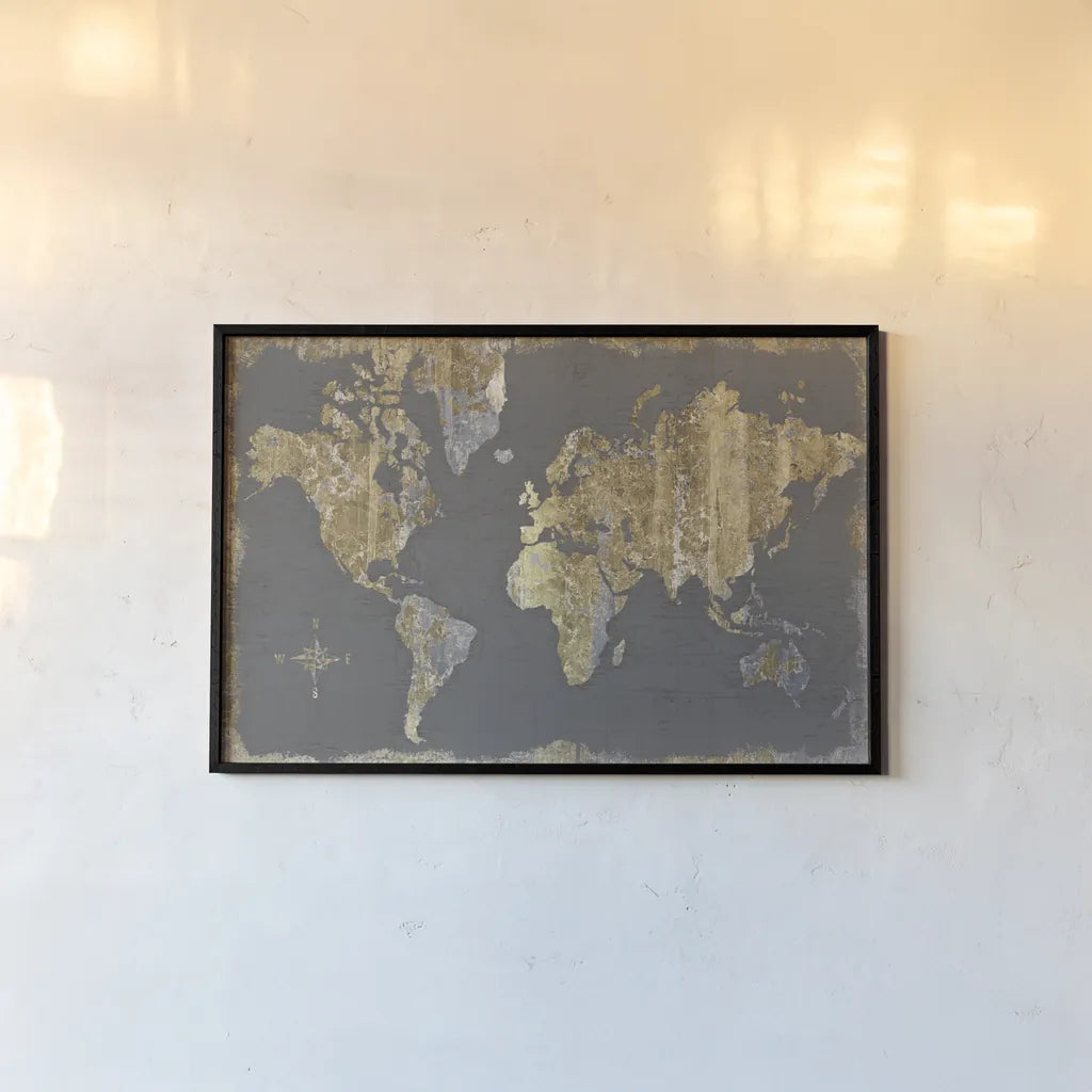 Gilded Map Gray by Wild Apple Portfolio. shown as a paper print in a black flame. Available as a archival giclee rolled canvas, fine art paper, or poster print. SKU 47183i.