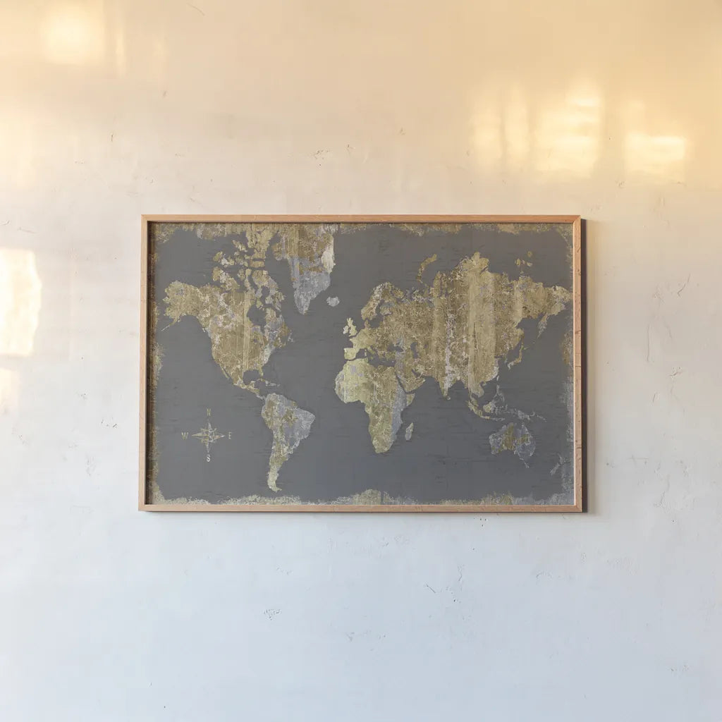 Gilded Map Gray by Wild Apple Portfolio. shown as a paper print in a natural frame. Available as a archival giclee rolled canvas, fine art paper, or poster print. SKU 47183i.