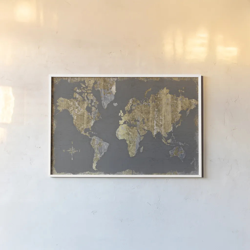 Gilded Map Gray by Wild Apple Portfolio. shown as a paper print in a white frame. Available as a archival giclee rolled canvas, fine art paper, or poster print. SKU 47183i.