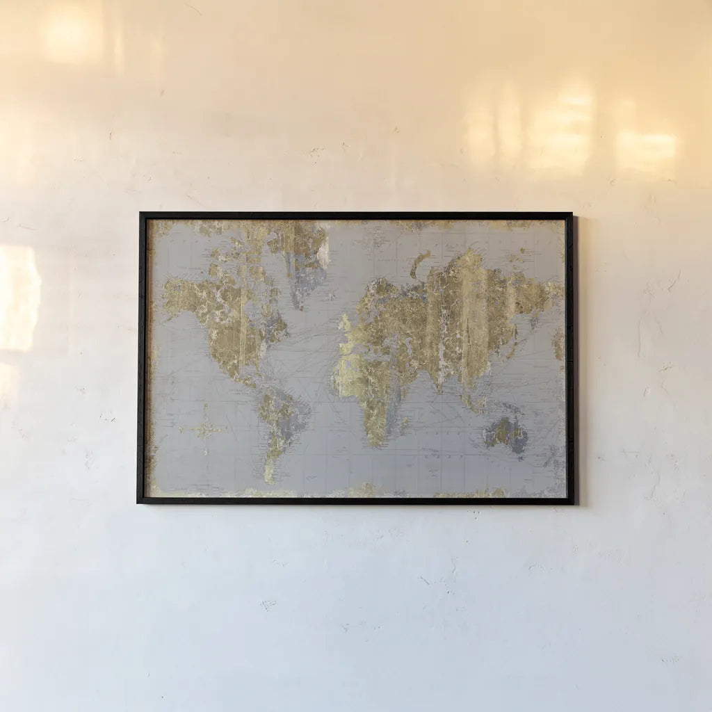 Gilded Map Light Gray by Wild Apple Portfolio. shown as a paper print in a black flame. Available as a archival giclee rolled canvas, fine art paper, or poster print. SKU 49128i.