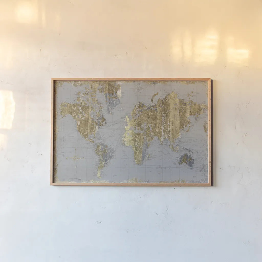 Gilded Map Light Gray by Wild Apple Portfolio. shown as a paper print in a natural frame. Available as a archival giclee rolled canvas, fine art paper, or poster print. SKU 49128i.