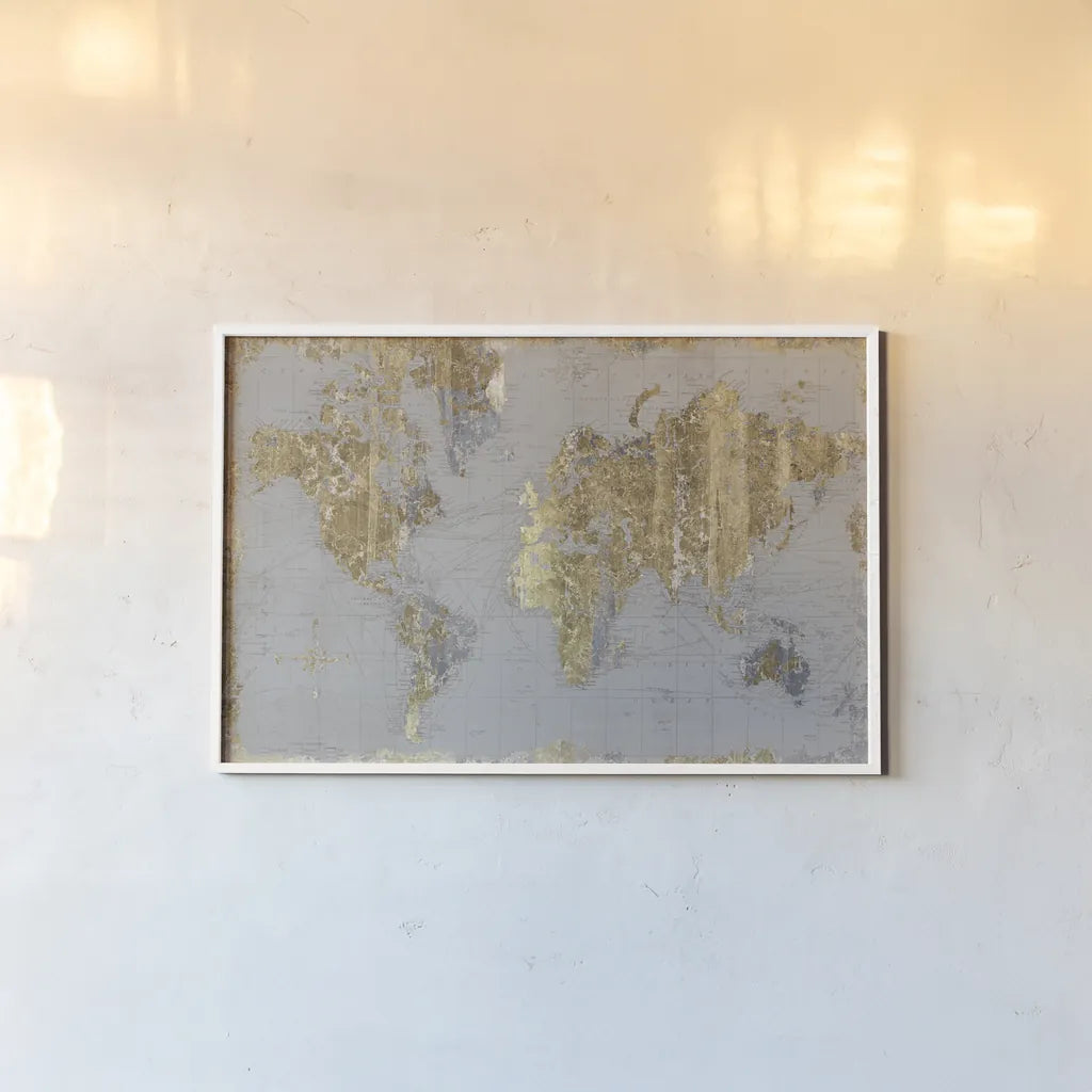 Gilded Map Light Gray by Wild Apple Portfolio. shown as a paper print in a white frame. Available as a archival giclee rolled canvas, fine art paper, or poster print. SKU 49128i.