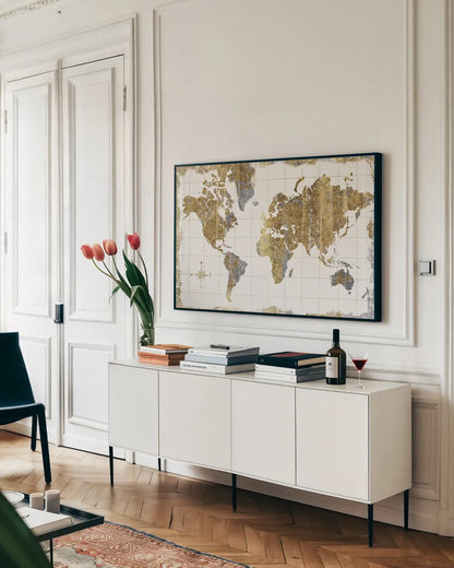 Gilded Map Linen by Wild Apple Portfolio. shown as a framed stretched canvas in a living room above a console. Available as a archival giclee rolled canvas, fine art paper, or poster print. SKU 20670i.