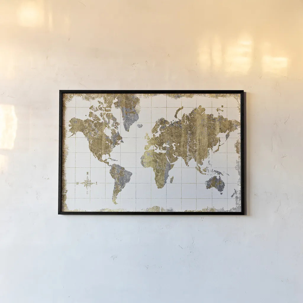 Gilded Map Linen by Wild Apple Portfolio. shown as a paper print in a black flame. Available as a archival giclee rolled canvas, fine art paper, or poster print. SKU 20670i.
