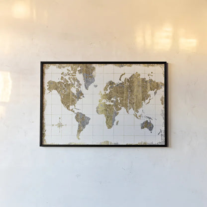 Gilded Map Linen by Wild Apple Portfolio. shown as a paper print in a black flame. Available as a archival giclee rolled canvas, fine art paper, or poster print. SKU 20670i.