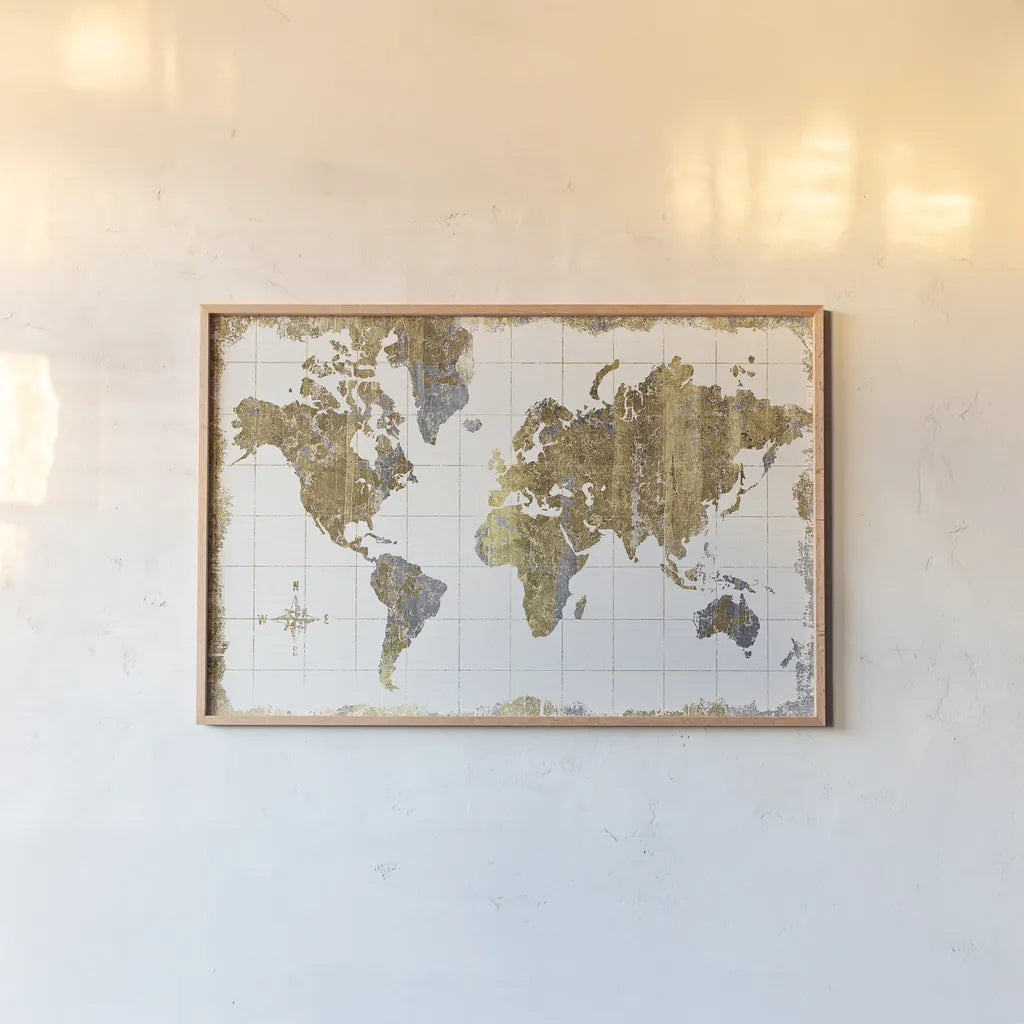 Gilded Map Linen by Wild Apple Portfolio. shown as a paper print in a natural frame. Available as a archival giclee rolled canvas, fine art paper, or poster print. SKU 20670i.