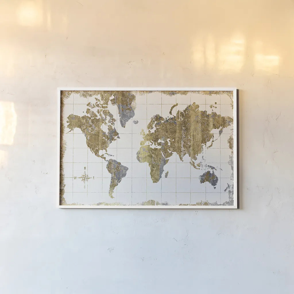 Gilded Map Linen by Wild Apple Portfolio. shown as a paper print in a white frame. Available as a archival giclee rolled canvas, fine art paper, or poster print. SKU 20670i.