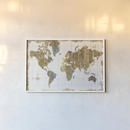 Gilded Map Linen by Wild Apple Portfolio. shown as a paper print in a white frame. Available as a archival giclee rolled canvas, fine art paper, or poster print. SKU 20670i.