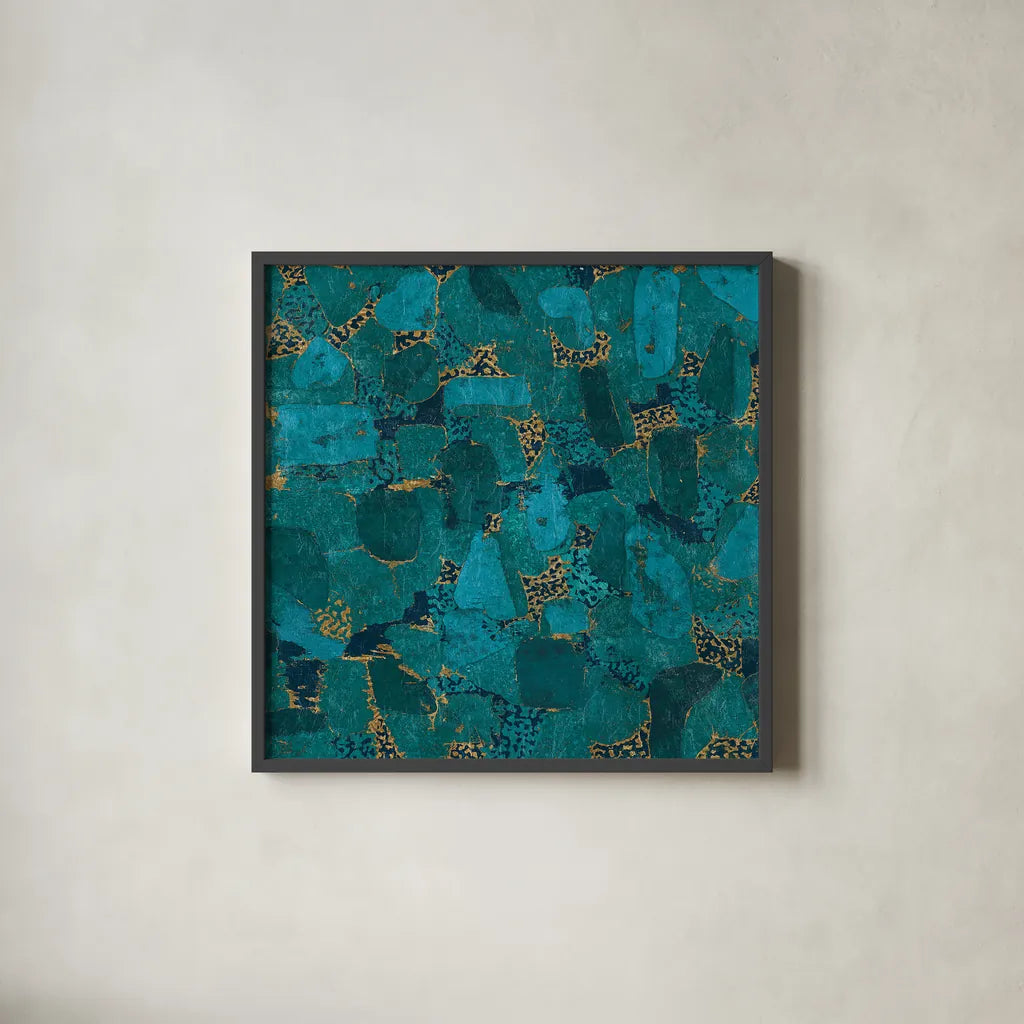Gilded Stone Turquoise by Wild Apple Portfolio. Shown in a sleek black glass frame for a contemporary gallery look. Available as an archival giclee rolled canvas, fine art paper, or poster print. SKU 16657a.