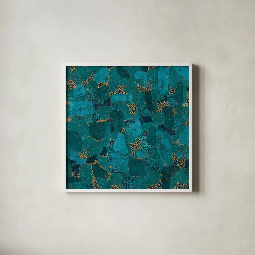 Gilded Stone Turquoise by Wild Apple Portfolio. Shown in a crisp white glass frame for a clean and minimalist style. Available as an archival giclee rolled canvas, fine art paper, or poster print. SKU 16657a.