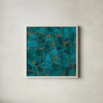 Gilded Stone Turquoise by Wild Apple Portfolio. Shown in a crisp white glass frame for a clean and minimalist style. Available as an archival giclee rolled canvas, fine art paper, or poster print. SKU 16657a.