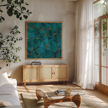 Gilded Stone Turquoise by Wild Apple Portfolio. Shown in a natural wood frame in a cozy modern living room. Available as an archival giclee rolled canvas, fine art paper, or poster print. SKU 16657a.