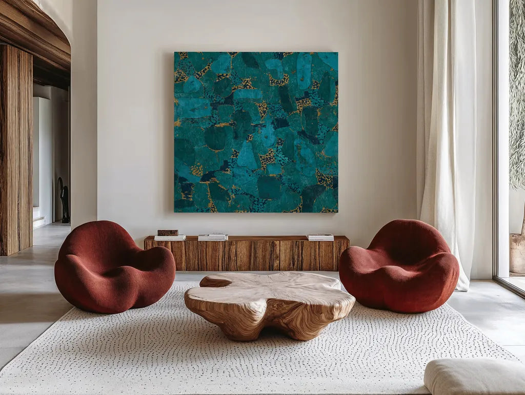 Gilded Stone Turquoise by Wild Apple Portfolio. Shown as extra-large giant wall art in a modern living room. Available as an archival giclee rolled canvas, fine art paper, or poster print. SKU 16657a.