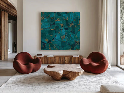 Gilded Stone Turquoise by Wild Apple Portfolio. Shown as extra-large giant wall art in a modern living room. Available as an archival giclee rolled canvas, fine art paper, or poster print. SKU 16657a.