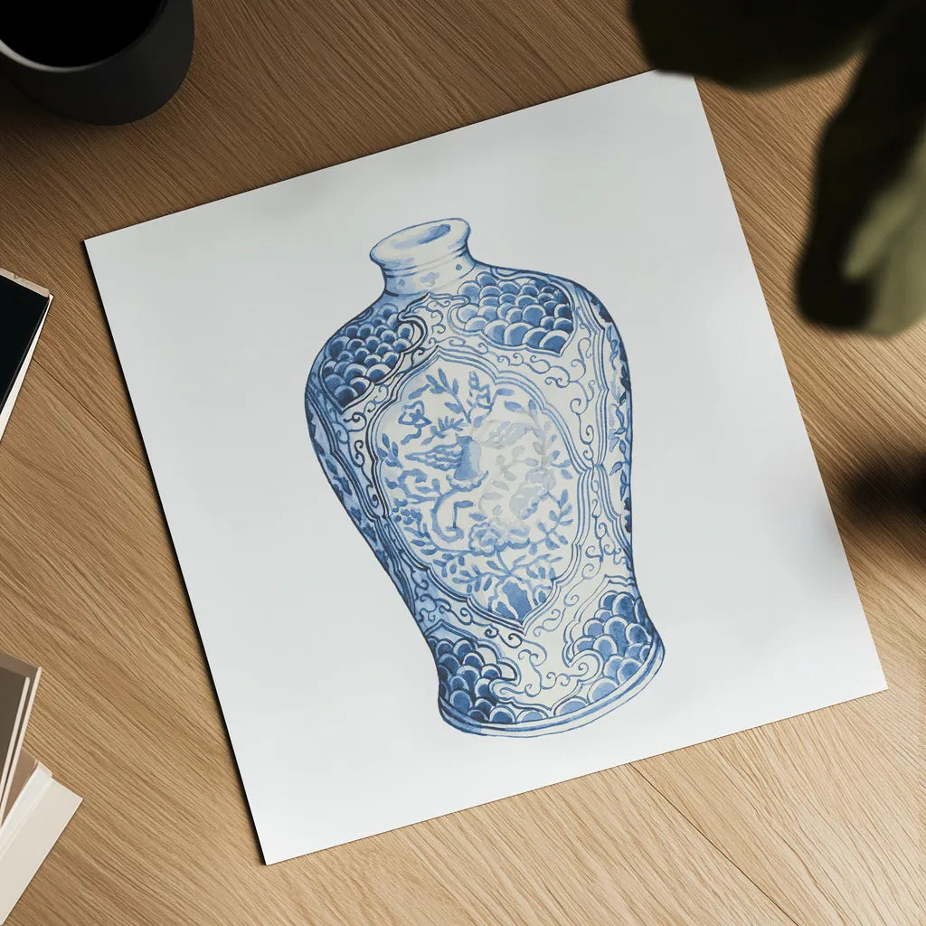 Ginger Jar I on White by Wild Apple Portfolio. Shown as a detailed flat fine art print, highlighting archival giclee quality. Available as an archival giclee rolled canvas, fine art paper, or poster print. SKU 41837a.