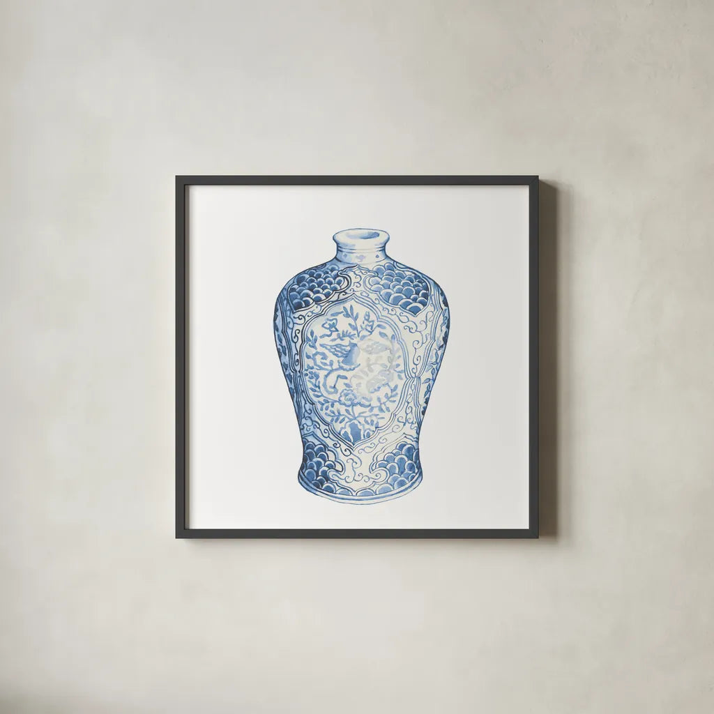 Ginger Jar I on White by Wild Apple Portfolio. Shown in a sleek black glass frame for a contemporary gallery look. Available as an archival giclee rolled canvas, fine art paper, or poster print. SKU 41837a.