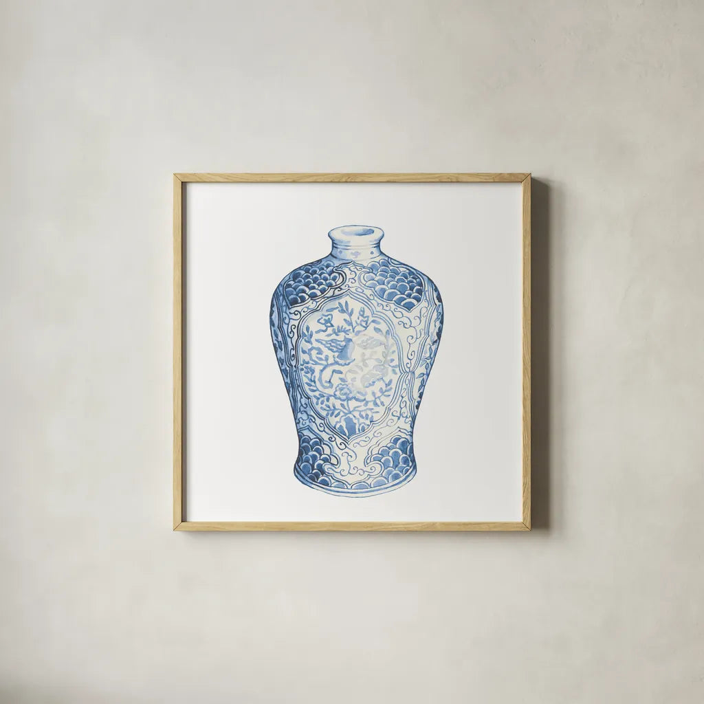 Ginger Jar I on White by Wild Apple Portfolio. Shown in a natural wood glass frame for a timeless modern aesthetic. Available as an archival giclee rolled canvas, fine art paper, or poster print. SKU 41837a.